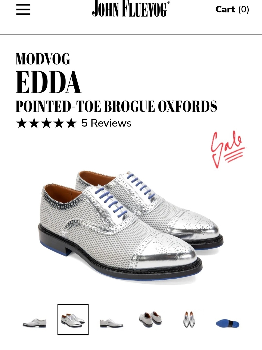 John Fluevog Edda Brogue Oxfords in Metallic Silver with Blue Laces